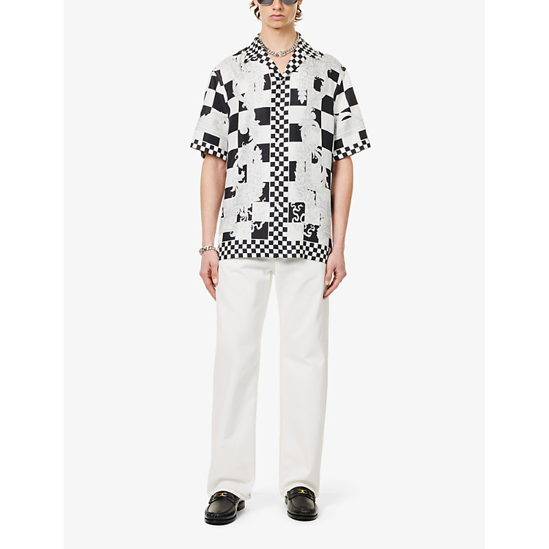 Shop Versace Contrast Medusa Checked Relaxed-fit Silk Shirt In Black+white+silver