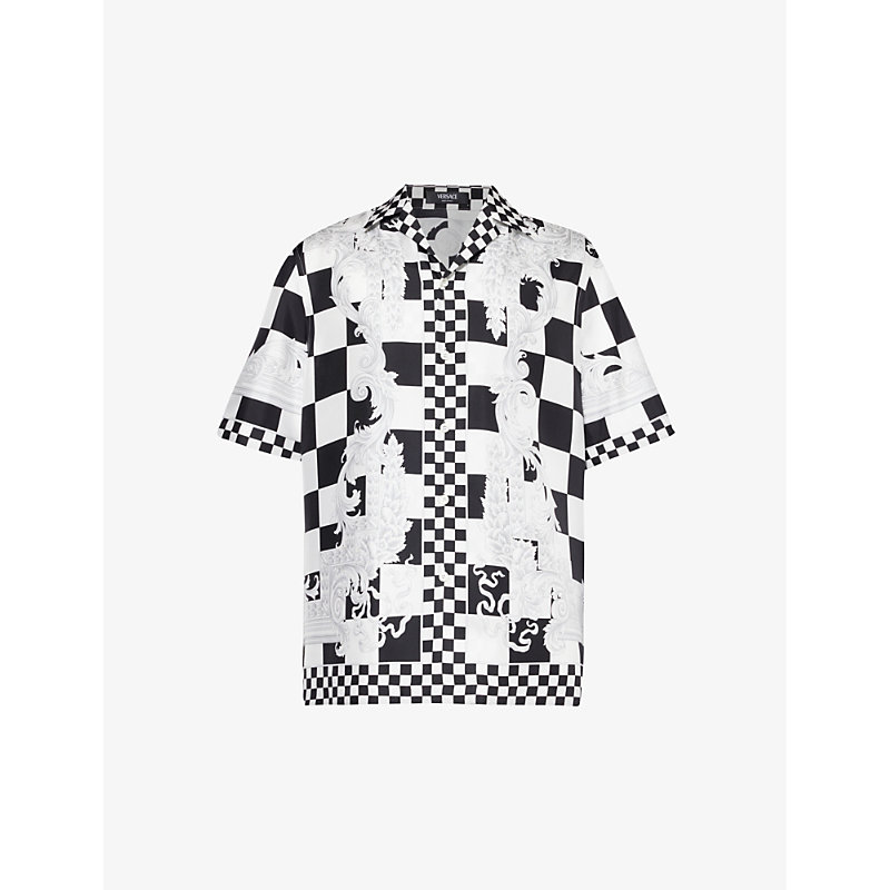 Shop Versace Contrast Medusa Checked Relaxed-fit Silk Shirt In Black+white+silver