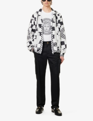 Shop Versace Men's Black+white+silver Medusa Check-print Relaxed-fit Woven Jacket