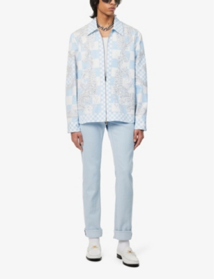 Shop Versace Men's Pastel Blue+white+silver Baroque-pattern Relaxed-fit Cotton Jacket