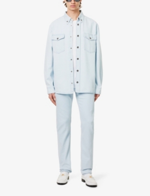 Shop Versace Men's Light Blue Ice Embossed-hardware Relaxed-fit Denim Shirt