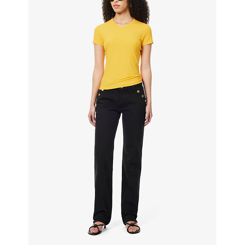 Shop Filippa K Women's Sunset Yellow V-neck Ribbed Stretch-cupro T-shirt
