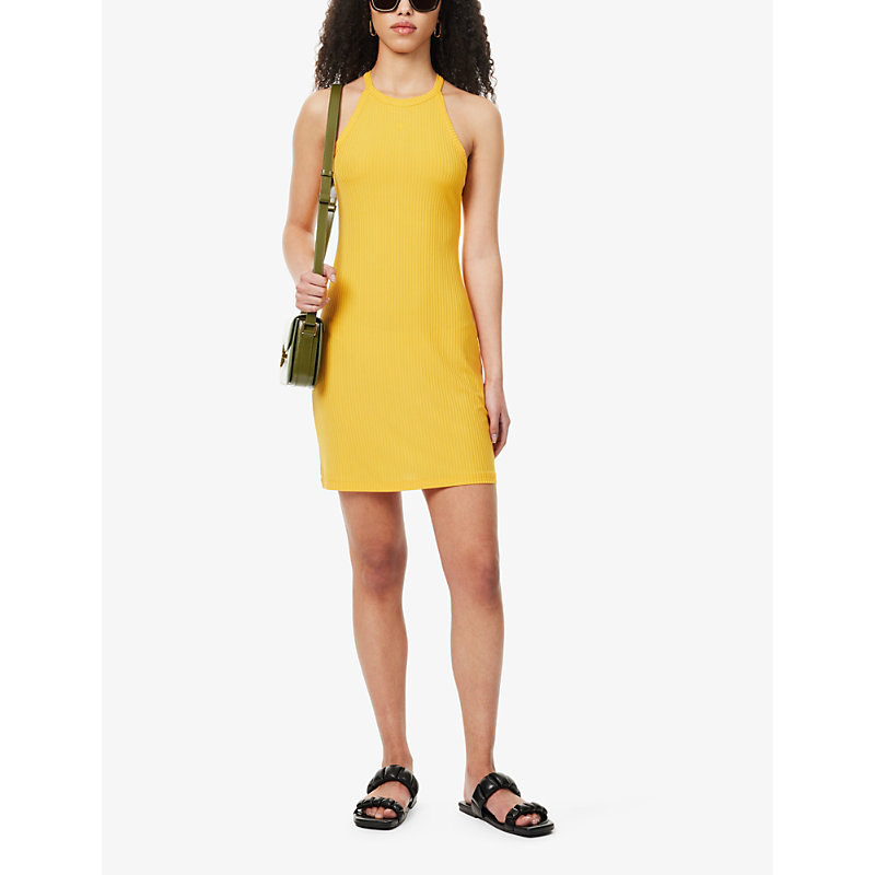 Shop Filippa K Womens Sunset Yellow Round-neck Ribbed Stretch-cupro Mini Dress