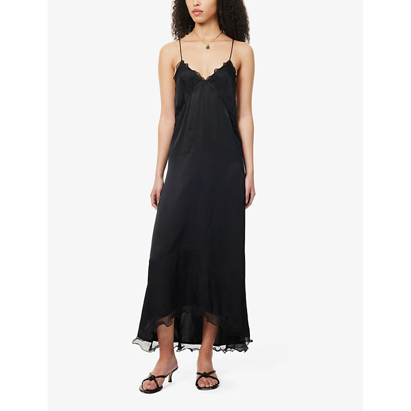 Shop Filippa K Womens Black Frill-trim Woven Maxi Dress