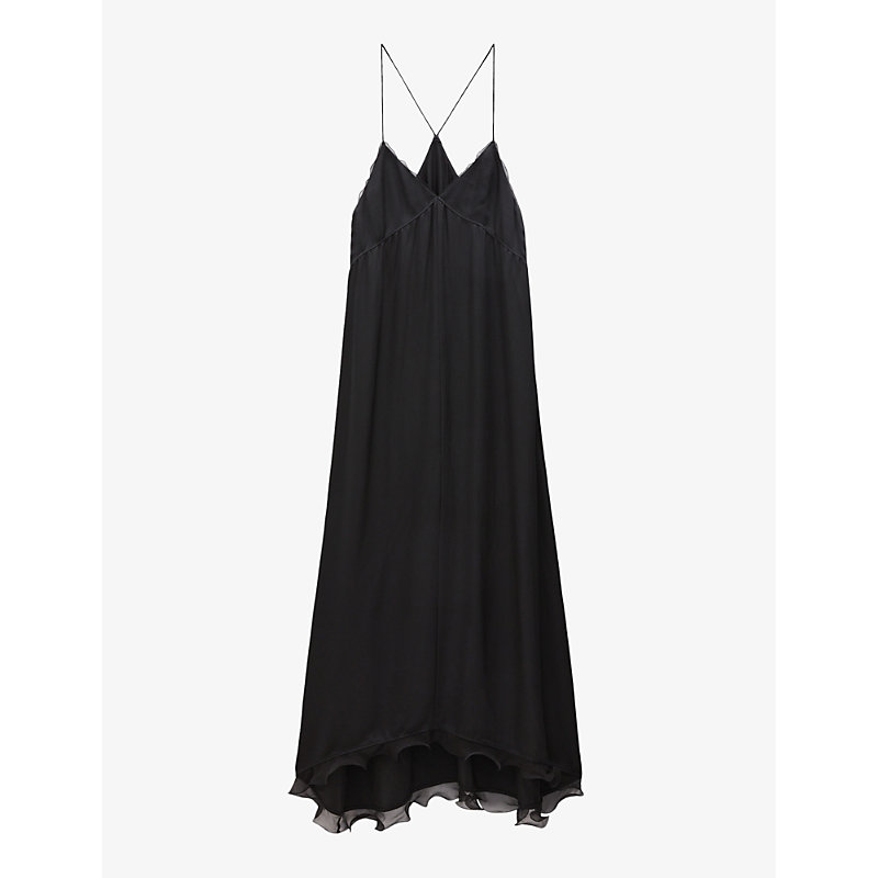 Shop Filippa K Womens Black Frill-trim Woven Maxi Dress