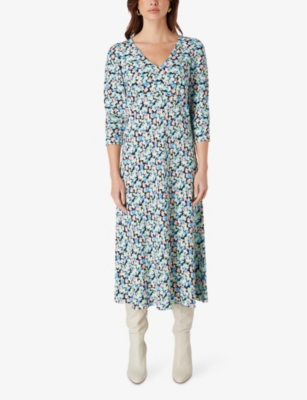 Shop Ro&zo Womens Blue Blurred Daisy-print Woven Midi Dress