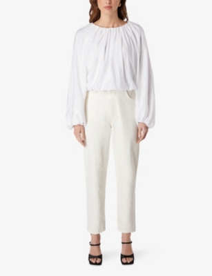 Shop Ro&zo Women's White Blouson-sleeve Bubble-hem Crinkle Woven Top