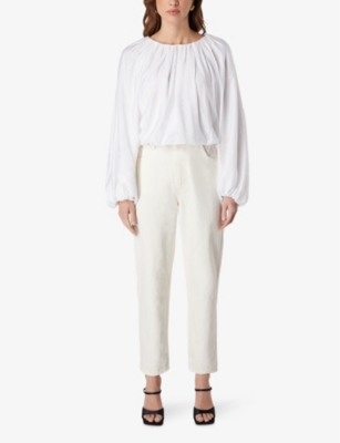 Ro&zo Blouson-sleeve Bubble-hem Crinkle Woven Top In White