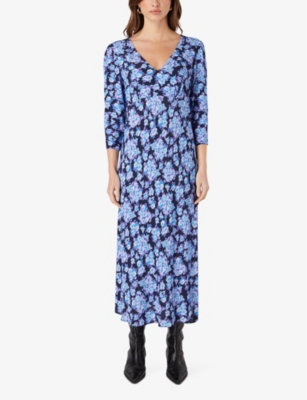 RO&ZO: Blurred floral-print crepe midi skirt