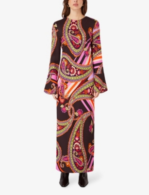 Shop Ro&zo Women'spaisley-print Crepe Fluted-cuff Crepe Maxi Dress In Multi