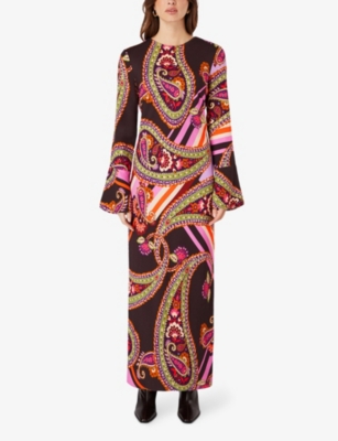 RO&ZO: Paisley-print crepe fluted-cuff crepe maxi dress