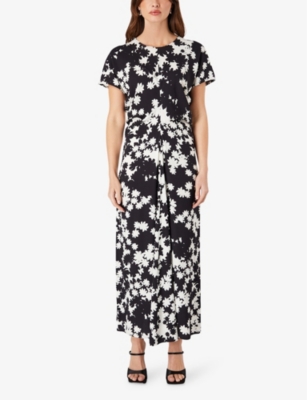 Shop Ro&zo Floral-print Flutter-sleeve Crepe Midi Dress In Black