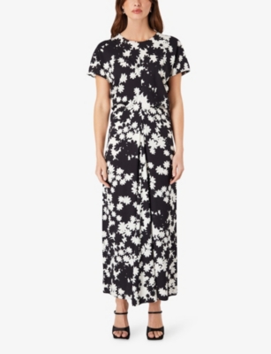 Ro&zo Floral-print Flutter-sleeve Crepe Midi Dress In Black