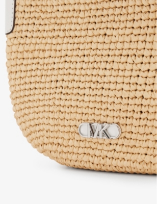 Shop Michael Michael Kors Women's Nat/opticwht Branded Curved Straw Clutch Bag