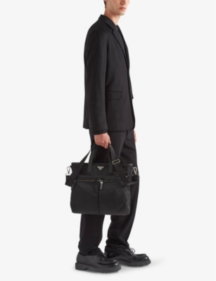 Shop Prada Mens Black Re-nylon Saffiano Leather And Recycled-nylon Tote Bag
