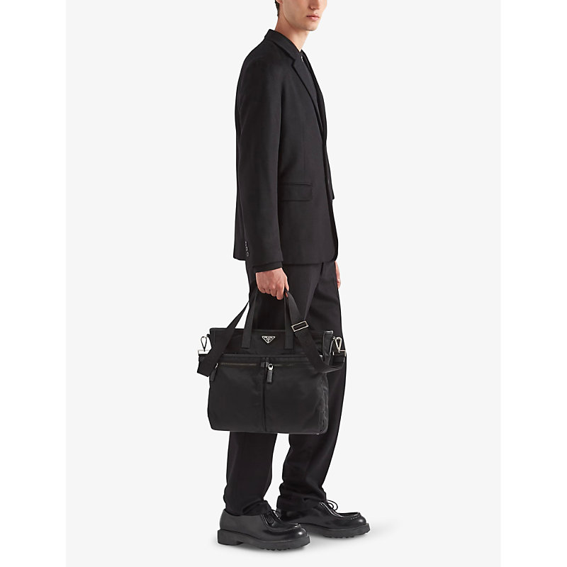 Shop Prada Mens Black Re-nylon Saffiano Leather And Recycled-nylon Tote Bag