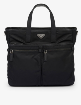 Prada Mens Black Re-nylon Saffiano Leather And Recycled-nylon Tote Bag