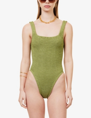 Shop Hunza G Classic Square-neck Swimsuit In Metallic Moss