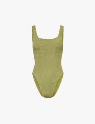 Shop Hunza G Classic Square-neck Swimsuit In Metallic Moss