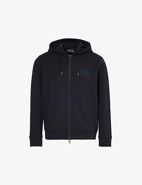 EMPORIO ARMANI: Logo-embroidered relaxed-fit stretch-cotton hoody