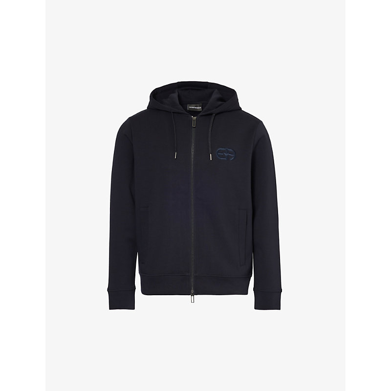 Emporio Armani Mens Blu Navy Logo-embroidered Relaxed-fit Stretch-cotton Hoody