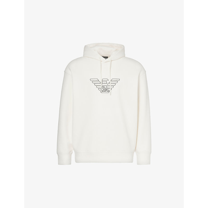Emporio Armani Mens Eagle Vanilla Logo-embroidered Relaxed-fit Stretch-cotton Blend Hoody