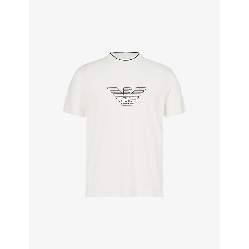 Emporio Armani Mens Eagle Vanilla Logo-embroidered Relaxed-fit Woven-blend T-shirt