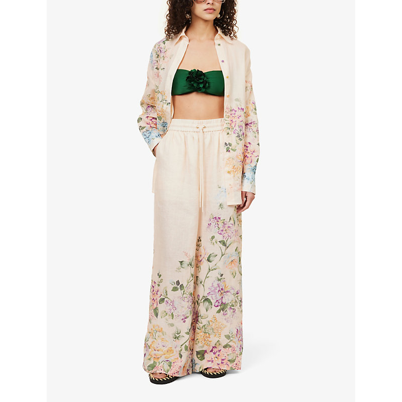 Shop Zimmermann Womens Cream Watercolour Floral Halliday Floral-print Straight-leg Mid-rise Linen Trouser