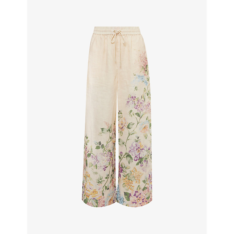 Zimmermann Womens Cream Watercolour Floral Halliday Floral-print Straight-leg Mid-rise Linen Trouser