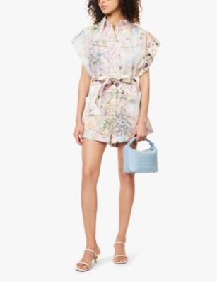 Shop Zimmermann Womens Halliday Floral-print Linen Playsuit Spliced