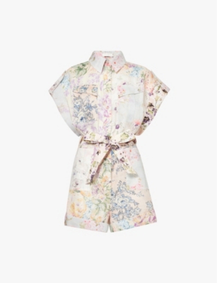 Shop Zimmermann Womens Halliday Floral-print Linen Playsuit Spliced