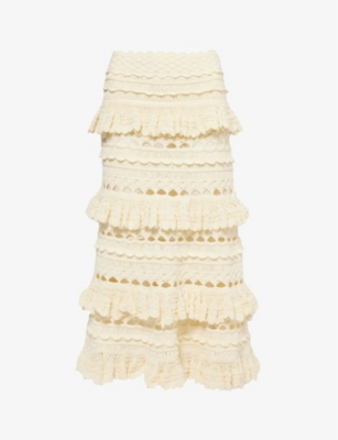 Shop Zimmermann Women's Cream Waverly Ruffled Crochet Cotton Midi Skirt