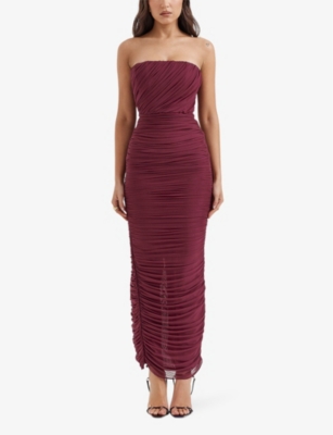 HOUSE OF CB OF CB WOMENS WINE SAPPHIRE GATHERED STRETCH-WOVEN MAXI DRESS 
