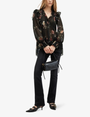 Shop Allsaints Womens Unity Black Iryna Floral-print Recycled-polyester Top