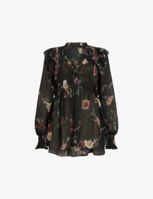 Shop Allsaints Womens Unity Black Iryna Floral-print Recycled-polyester Top