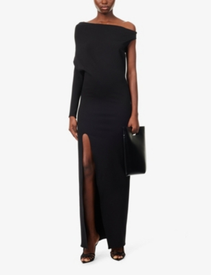 Shop Aaron Esh One-shoulder Split-hem Woven Maxi Dress In Black