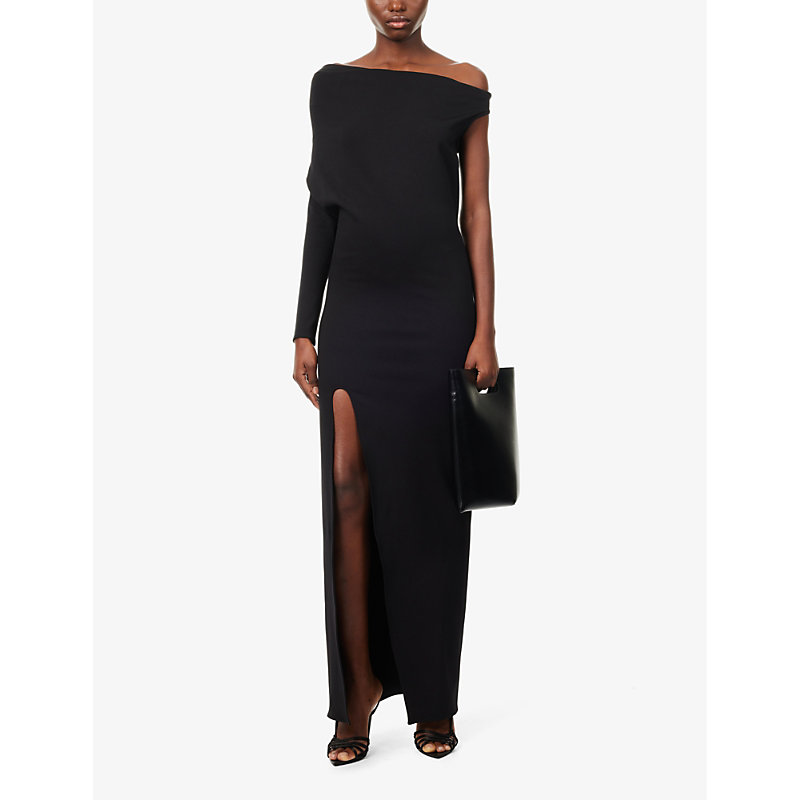 Shop Aaron Esh Women's Black One-shoulder Split-hem Woven Maxi Dress