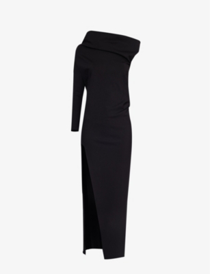 Shop Aaron Esh One-shoulder Split-hem Woven Maxi Dress In Black