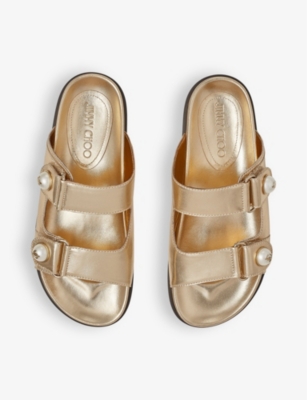 Jimmy Choo Fayence Metallic Pearly-button Slide Sandals In Gold