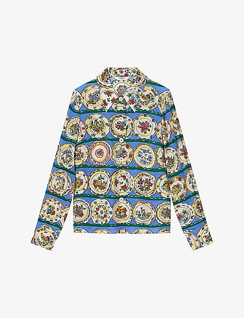 LK BENNETT: Erica plate-print long-sleeve silk shirt