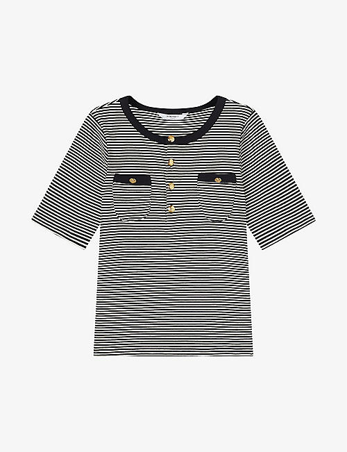 LK BENNETT: Charlie button-neck stripe stretch-cotton T-shirt