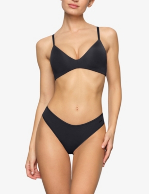Skims Womens Onyx Wireless Form Logo-embossed Padded Stretch-cotton Bra In Onyx