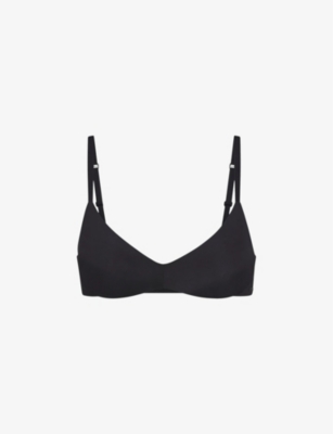 Shop Skims Womens Onyx Wireless Form Logo-embossed Plunge Stretch-cotton Bra