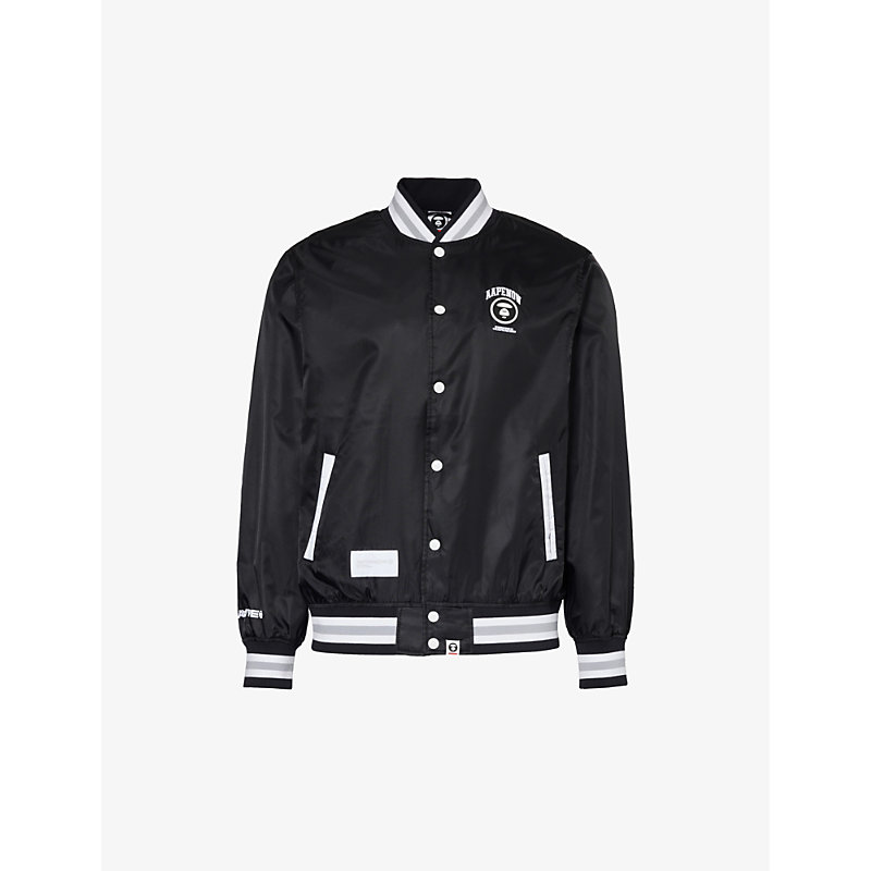 Shop Aape Men's Black Varsity Brand-embroidered Regular-fit Shell Jacket