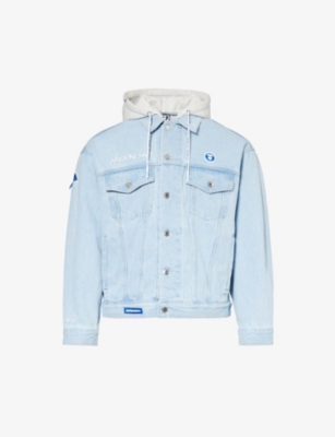 Shop Aape Men's Light Blue Logo-patch Boxy-fit Denim Hooded Jacket