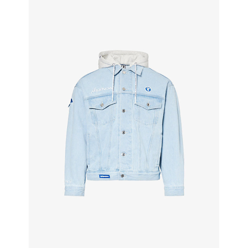 Shop Aape Logo-patch Boxy-fit Denim Hooded Jacket In Light Blue