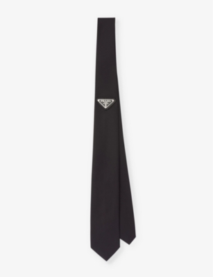Prada Mens Black Re-nylon Logo-plaque Recycled-nylon Tie