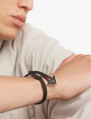 Prada Mens Black Brand-plaque Braided Leather Bracelet In Black