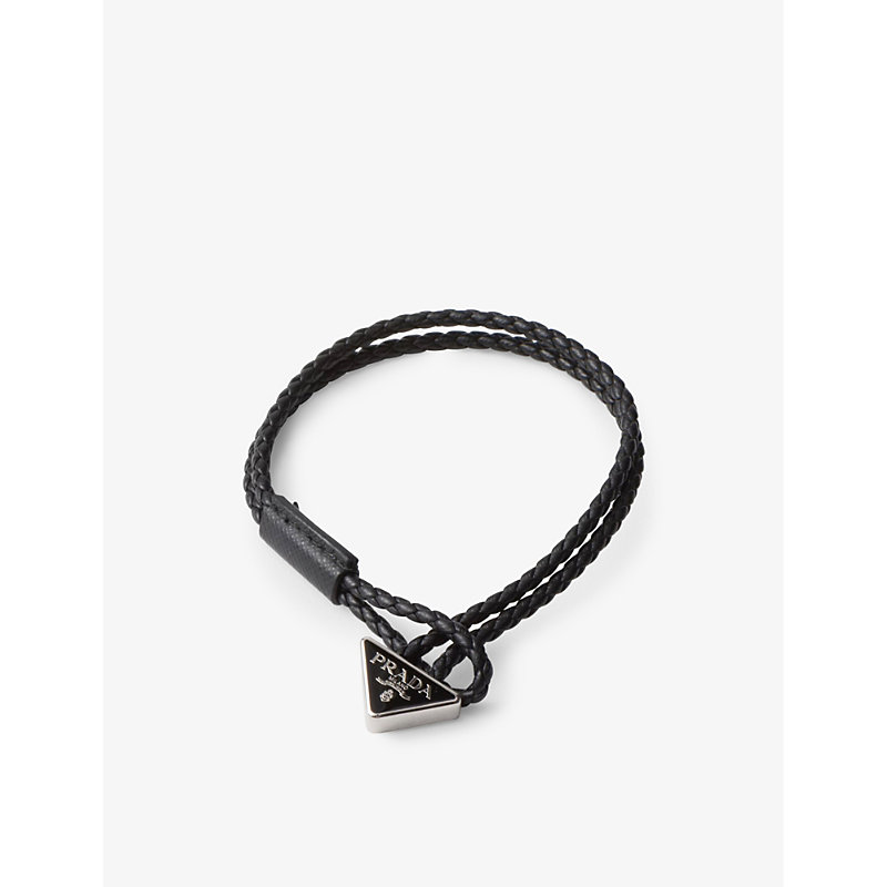 Prada Mens Black Brand-plaque Braided Leather Bracelet