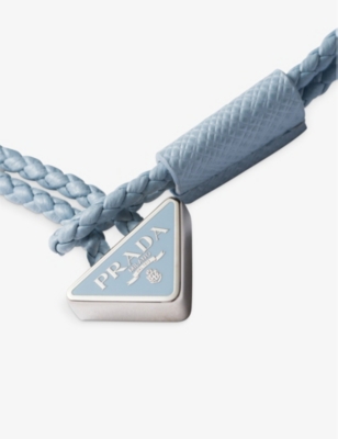 Shop Prada Mens Light Blue Brand-plaque Braided Leather Bracelet